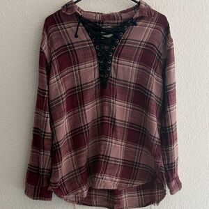 American Eagle Outfitters Burgundy Plaid Lace-Up Shirt